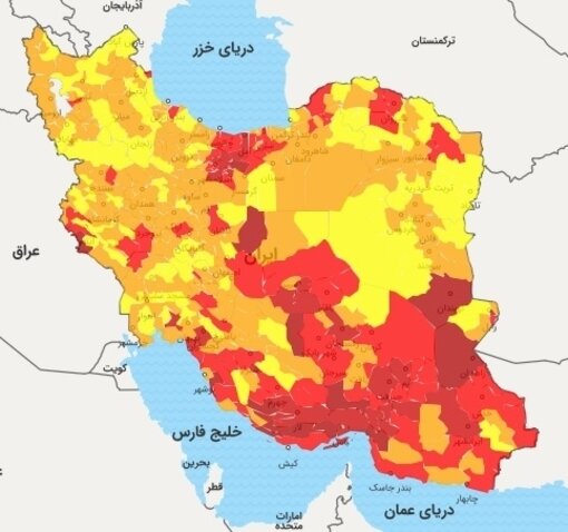 رنگ‌بندی کرونایی شهرها در نیمه تیرماه ۱۴۰۰/ نیمی از کشور قرمز شد